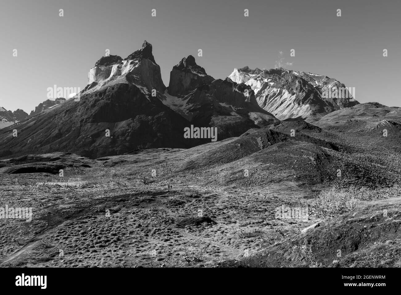 Cuernos del Paine peaks in black and white, Torres del Paine national park, Patagonia, Chile. Stock Photo