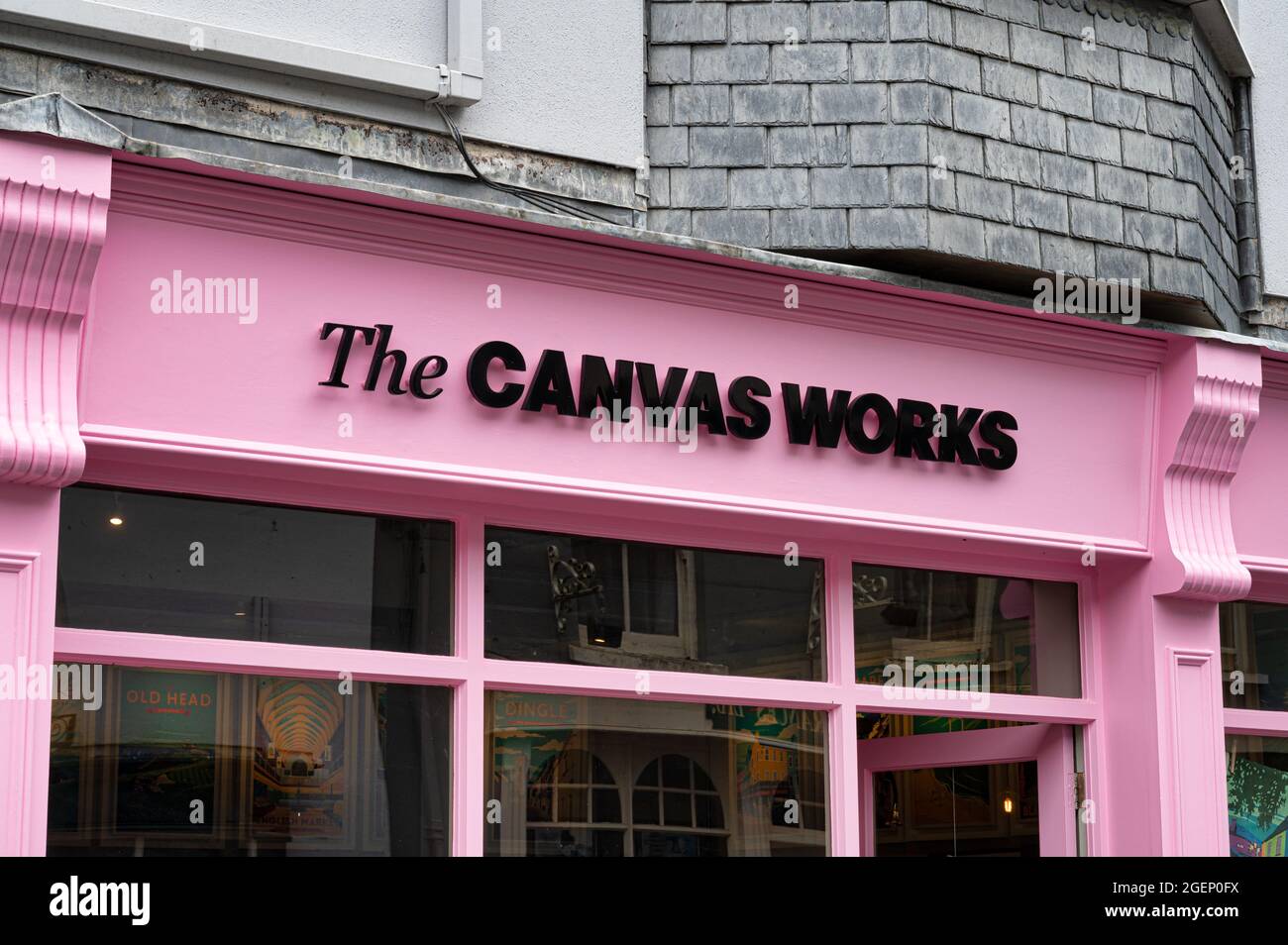 Kinsale, Ireland- July 13, 2021: The sign for The Canvas Works in Kinsale Stock Photo