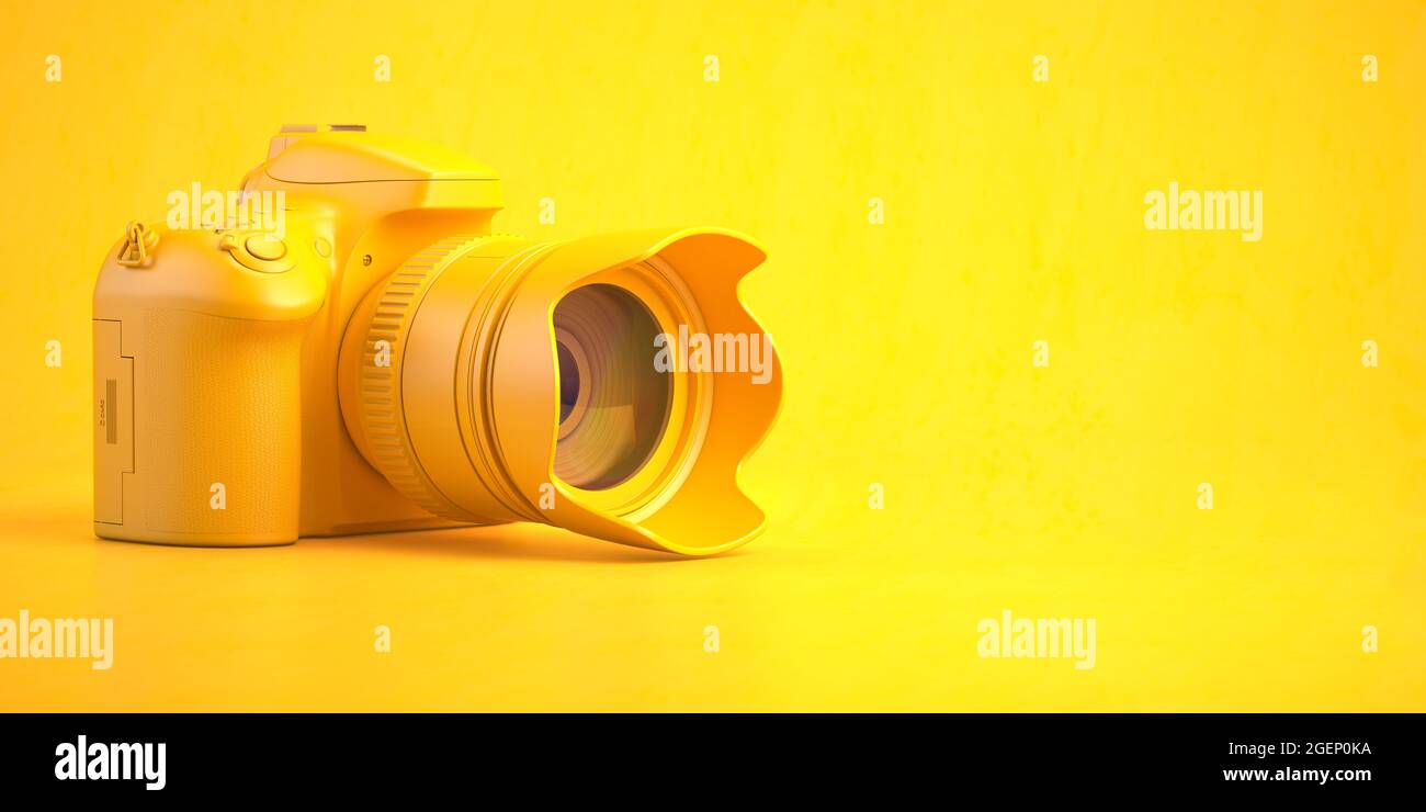 Yellow DSLR photo camera on yellow background. 3d illustration ...