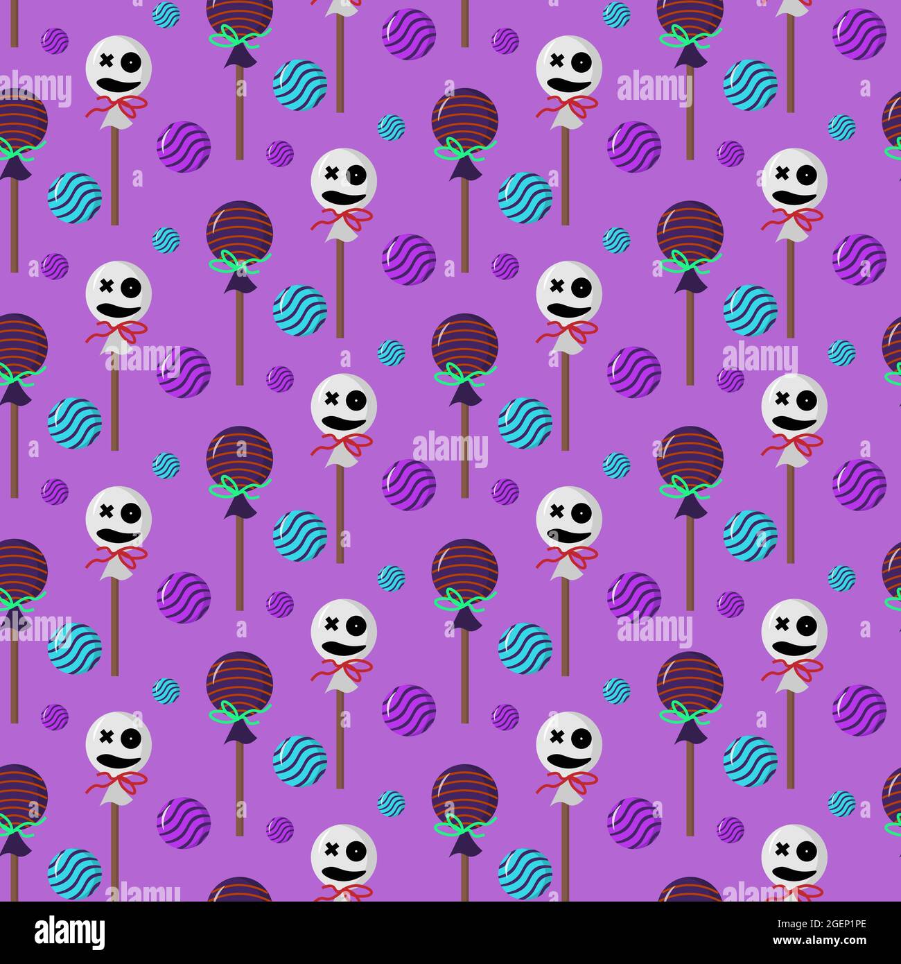 Pattern with lollipops for the holiday halloween. Sweet candy on a purple background.  Stock Vector