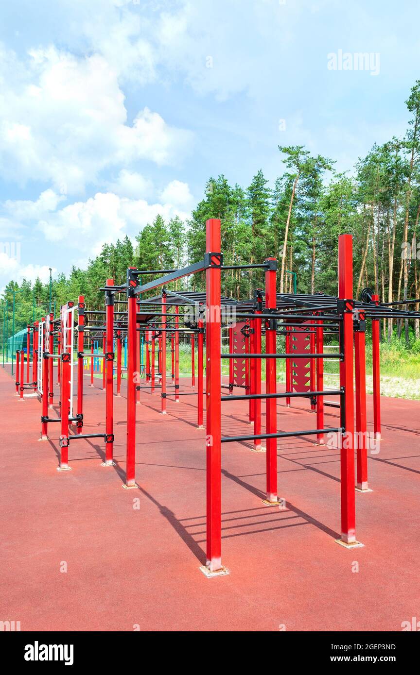 Sports complex with exercise machines. Free outdoor gym. Vertical view