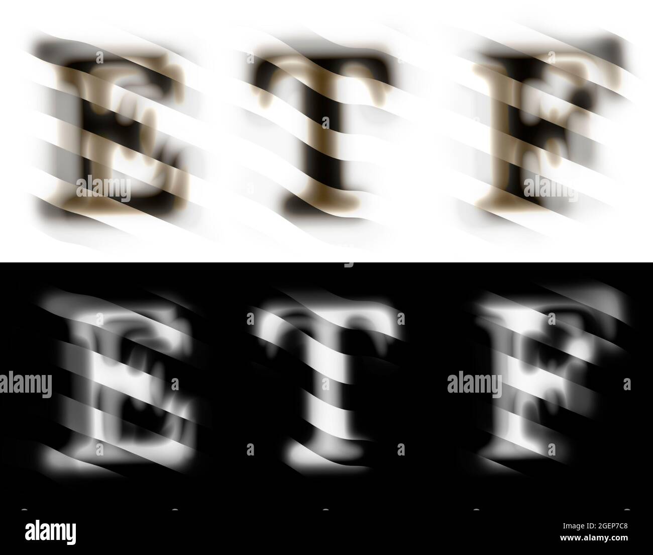 ETF exchange traded funds text. Striped defocused letters isolated on black and white background. Stock Photo