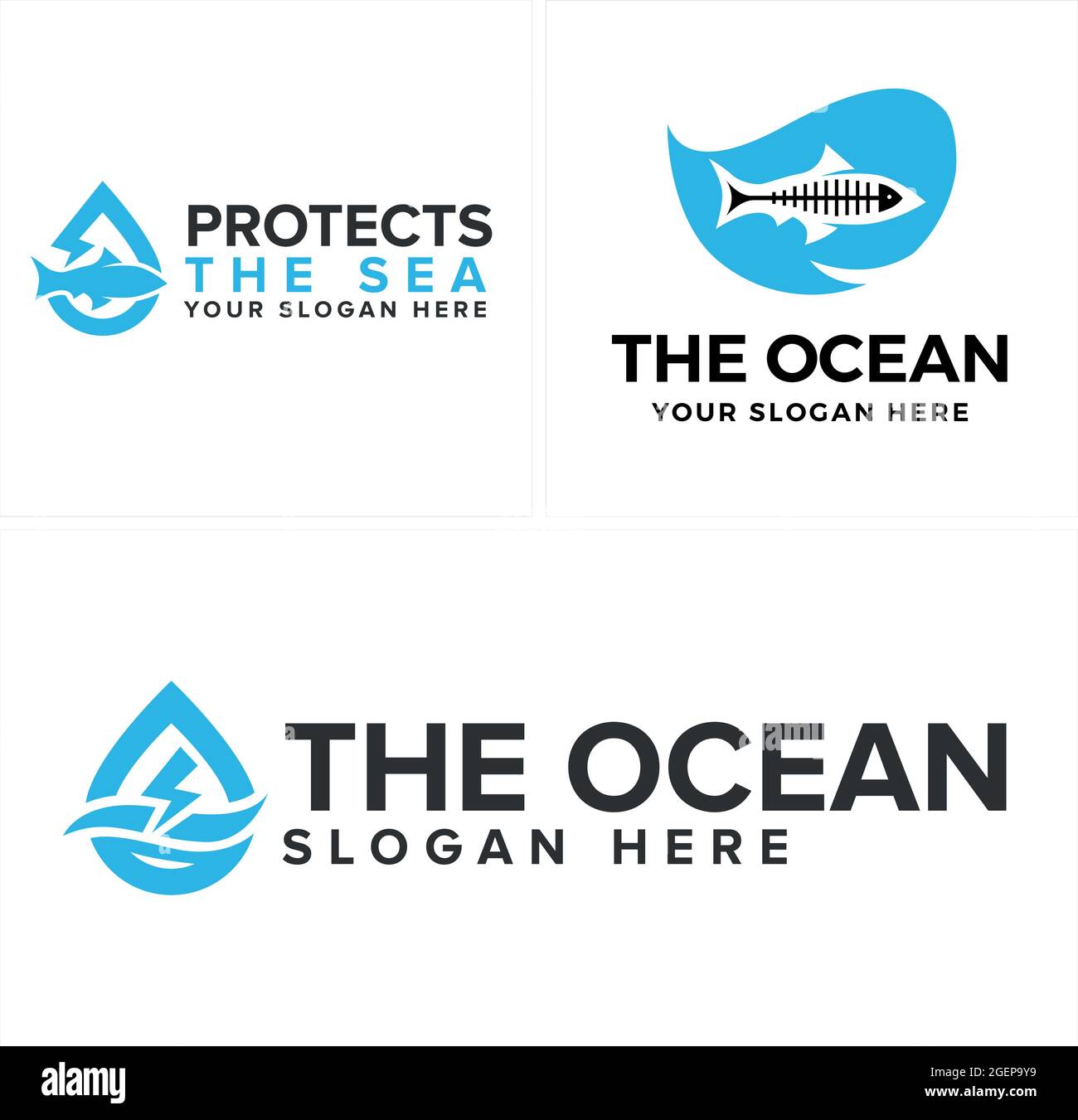 Design logo ocean and fish illustration vector Stock Vector