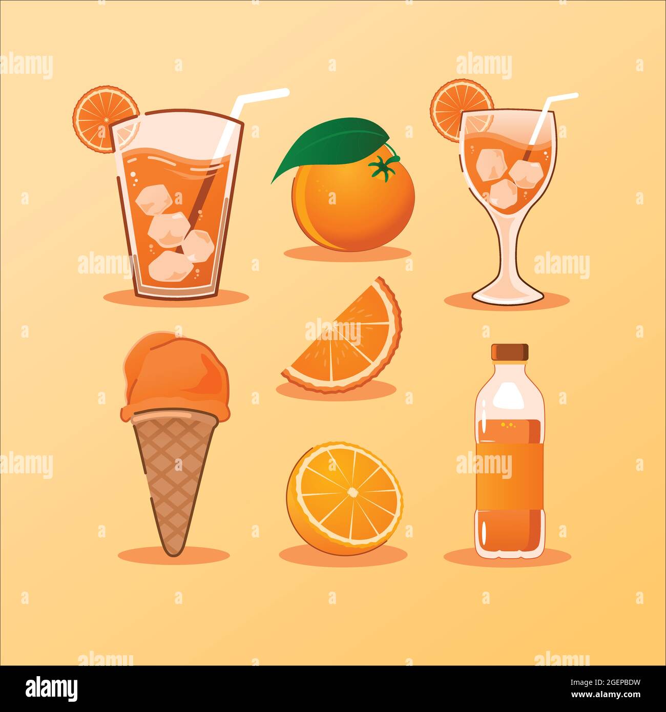 orange juice and orange ice cream vector bundle with 7 different item Stock Vector