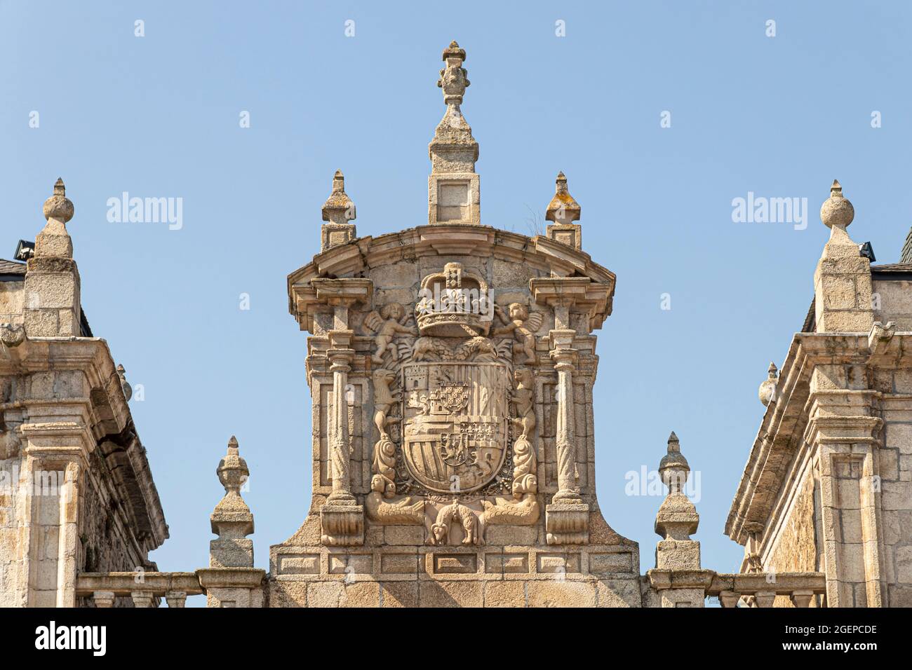 Ponferrada, Spain. Detail of the Casa Consistorial or Ayuntamiento (Town Hall). Coat of Arms of Carlos II (Charles II) of Habsburg Stock Photo