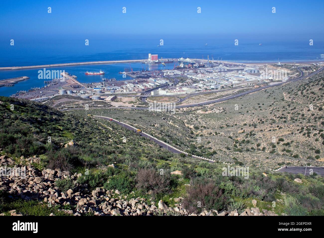 View of the dockland and industrial area from the old hillfort above Agadir, Morocco. Stock Photo