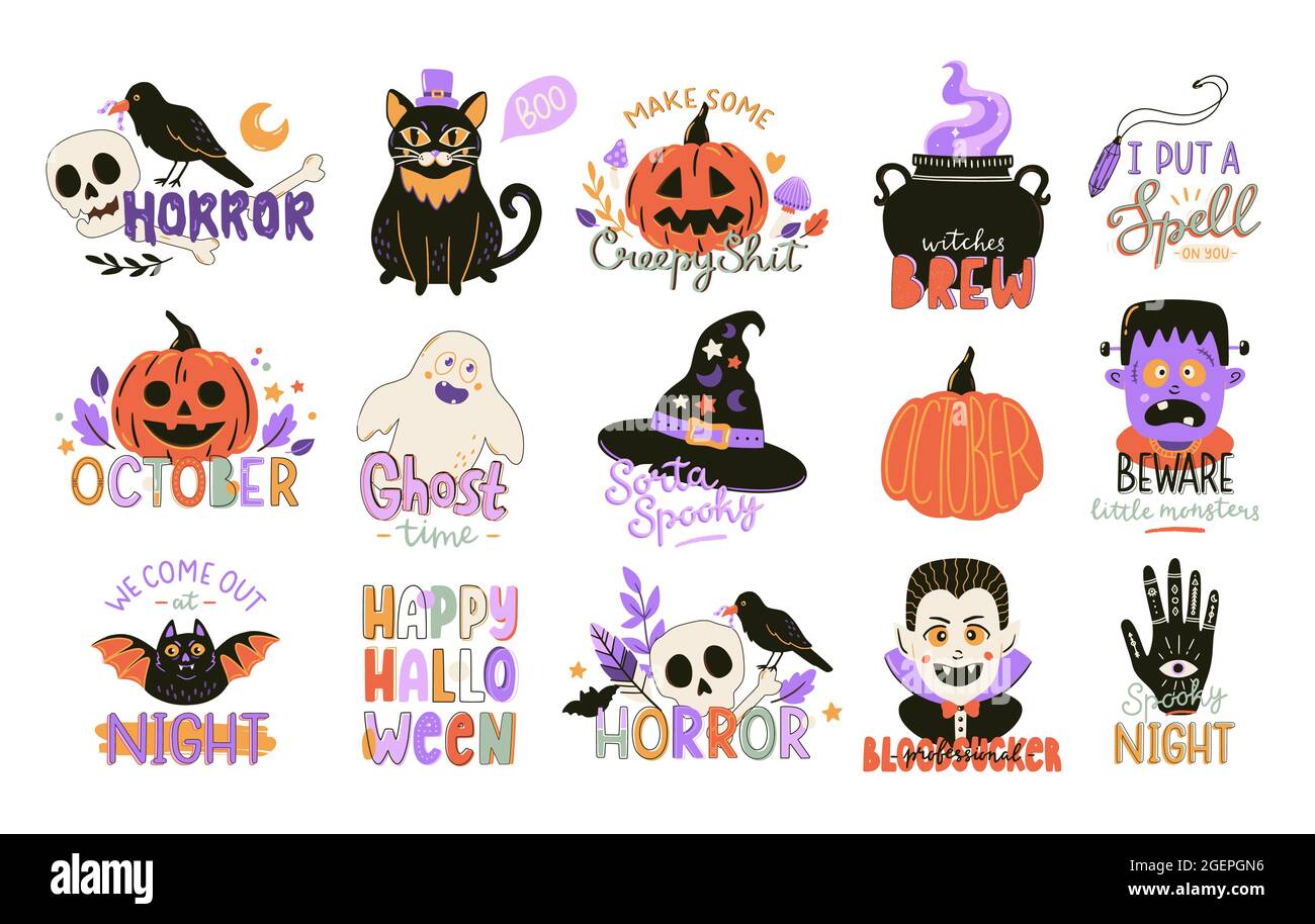 Collection of cute Halloween typography prints. Spooky decoration elements. Hand drawn Halloween symbols and lettering. Vector holiday illustration. Stock Vector