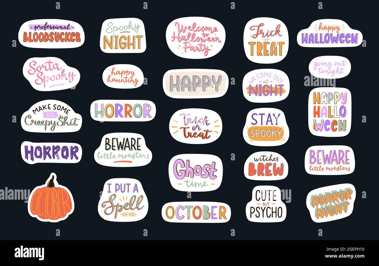 Collection of cute Halloween typography stickers. Hand drawn ...