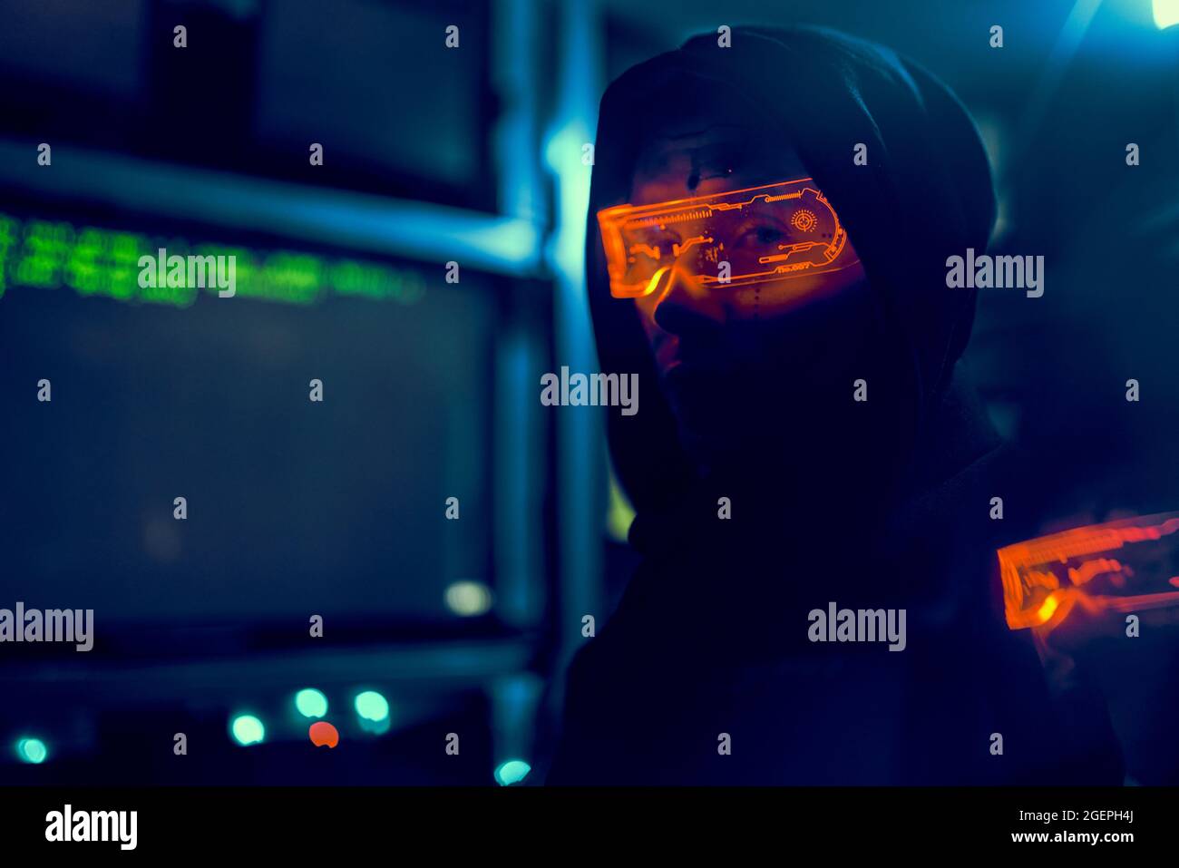 Cyber hacker breaks into databases to obtain information using a computer. Cybercrime and data security concept. Stock Photo