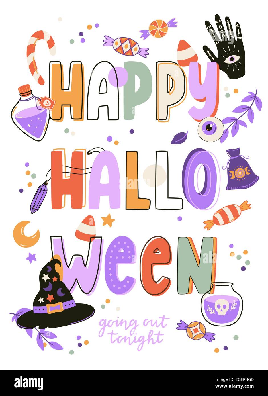 Colorful Halloween print with cartoon elements and lettering. Hand drawn illustration for party decorations, poster design. Vector esoteric symbols. Stock Vector