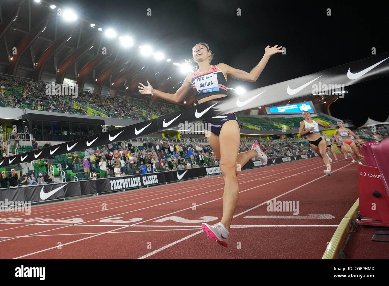 Rebecca Mehra (USA) celebrates after winning the North American women's 1,500m in 4:06.35 during the 46th  Prefontaine Classic, Friday, Aug. 20, 2021, Stock Photo