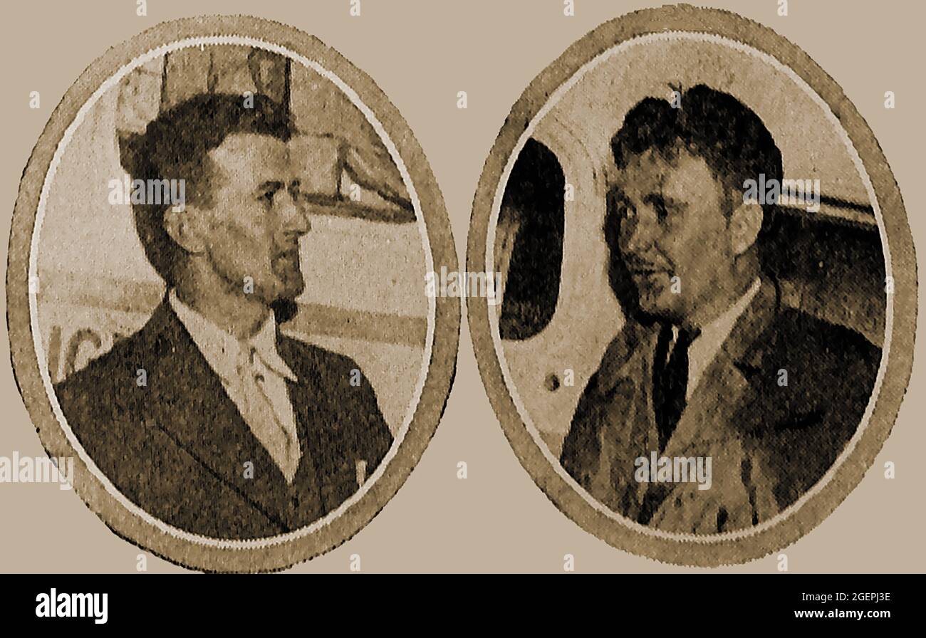EARLY DAYS OF AVIATION - Early Flight -  Harrold Gatty and Wiley Post who flew round the globe in 1931 in a  Lockheed Vega named the Winnie Mae .   --- Harold Charles Gatty ( 1903 – 1957) was an Australian navigator and aviation pioneer whom Charles Lindbergh called  “Prince of Navigators”. Wiley Hardeman Post (1898 – 1935) was a famed  one eyed American aviator who famously developed an early pressure suit and discovered the jet stream. Stock Photo