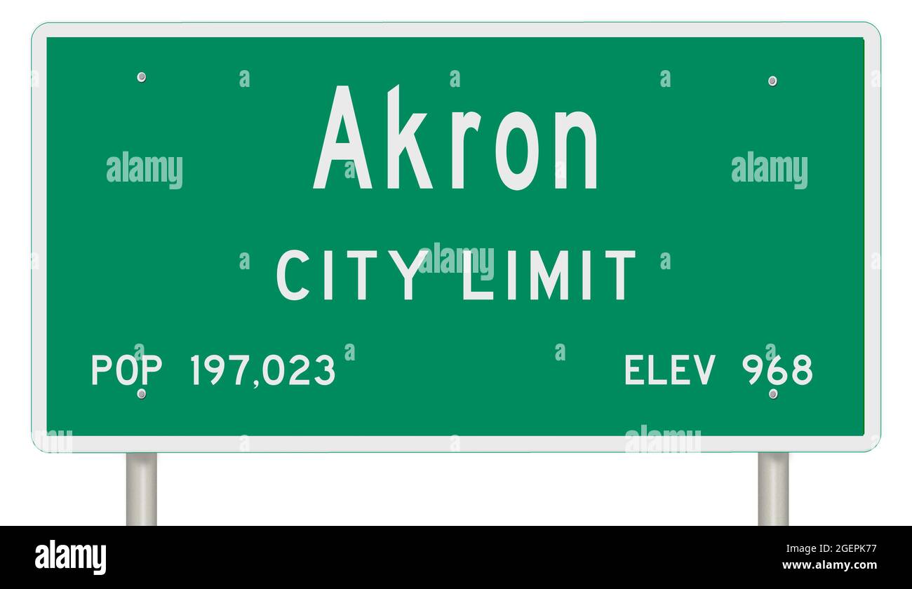 Rendering of a green Ohio highway sign with city information Stock Photo