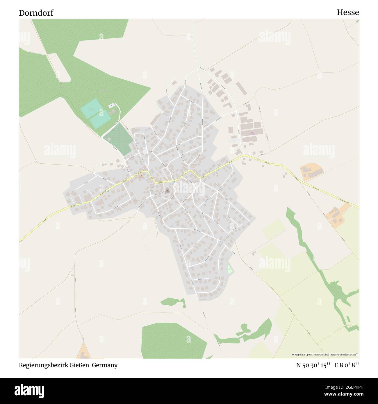 Dorndorf, Regierungsbezirk Gießen, Germany, Hesse, N 50 30' 15'', E 8 0' 8'', map, Timeless Map published in 2021. Travelers, explorers and adventurers like Florence Nightingale, David Livingstone, Ernest Shackleton, Lewis and Clark and Sherlock Holmes relied on maps to plan travels to the world's most remote corners, Timeless Maps is mapping most locations on the globe, showing the achievement of great dreams Stock Photo