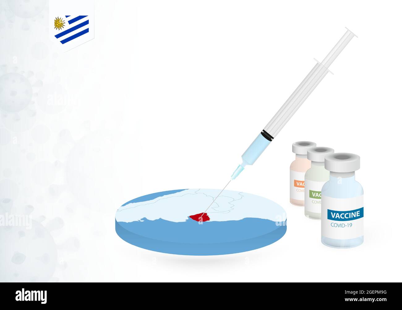 Vaccination in Uruguay with different type of COVID-19 vaccine. Сoncept with the vaccine injection in the map of Uruguay. Vector illustration. Stock Vector