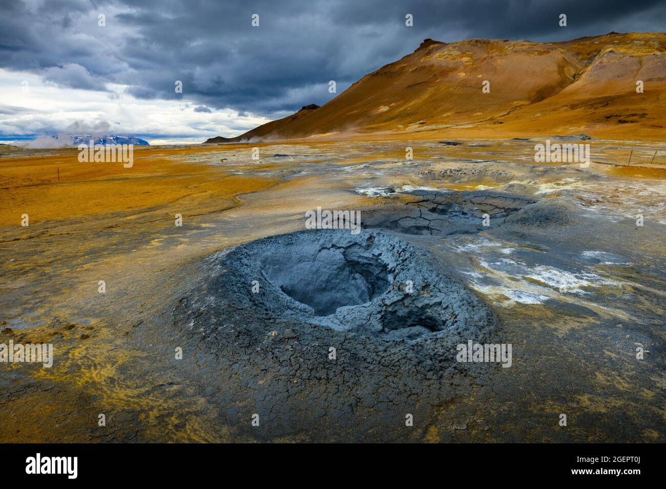 Mudpots in the Hverir geothermal area in Iceland Stock Photo