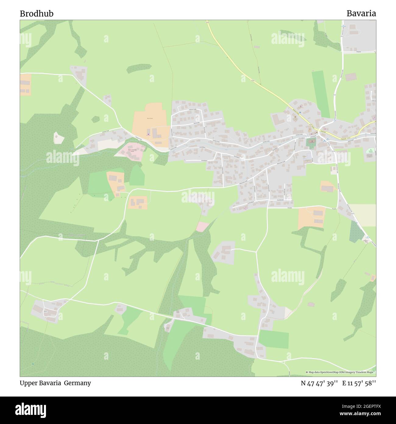 Brodhub, Upper Bavaria, Germany, Bavaria, N 47 47' 39'', E 11 57' 58'', map, Timeless Map published in 2021. Travelers, explorers and adventurers like Florence Nightingale, David Livingstone, Ernest Shackleton, Lewis and Clark and Sherlock Holmes relied on maps to plan travels to the world's most remote corners, Timeless Maps is mapping most locations on the globe, showing the achievement of great dreams Stock Photo