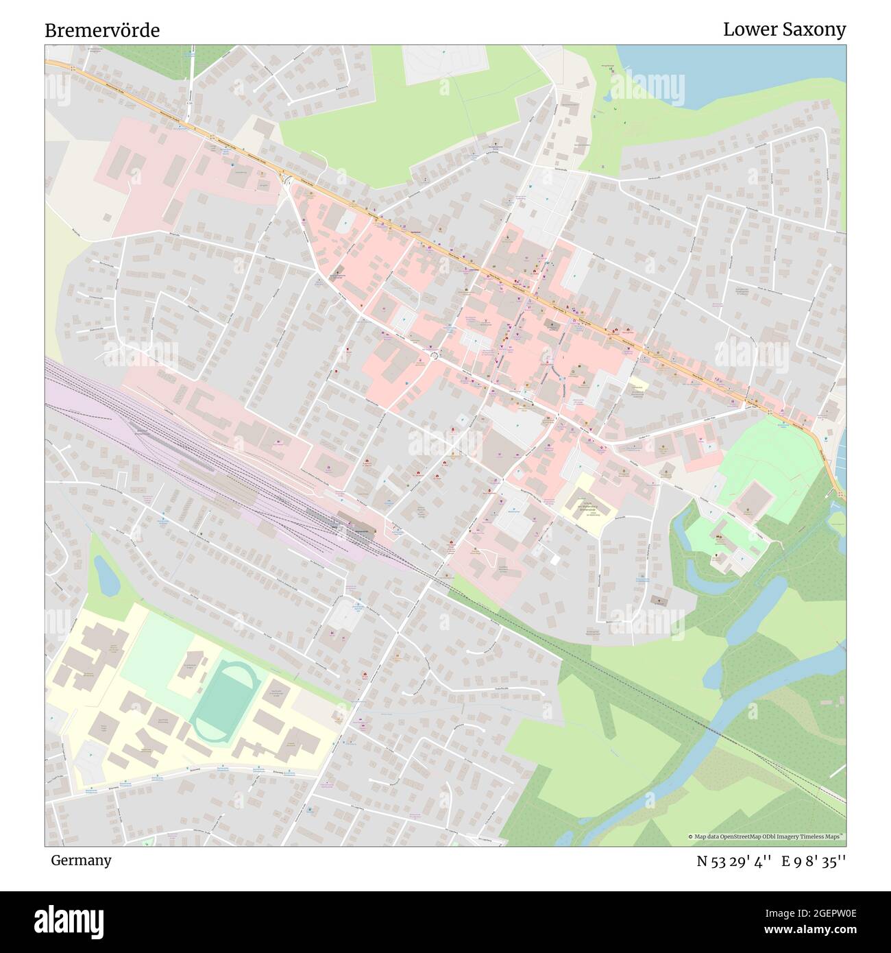 Bremervörde, Germany, Lower Saxony, N 53 29' 4'', E 9 8' 35'', map, Timeless Map published in 2021. Travelers, explorers and adventurers like Florence Nightingale, David Livingstone, Ernest Shackleton, Lewis and Clark and Sherlock Holmes relied on maps to plan travels to the world's most remote corners, Timeless Maps is mapping most locations on the globe, showing the achievement of great dreams Stock Photo