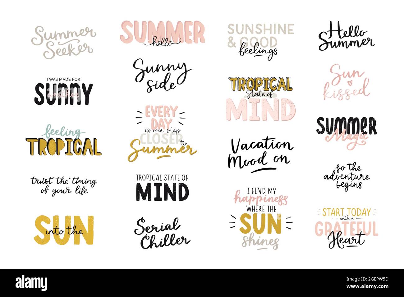 Beautiful tropical illustration with trendy lettering. Cute hand drawn summer prints. Perfect for stickers, labels, banner, tags. Vector. Stock Vector