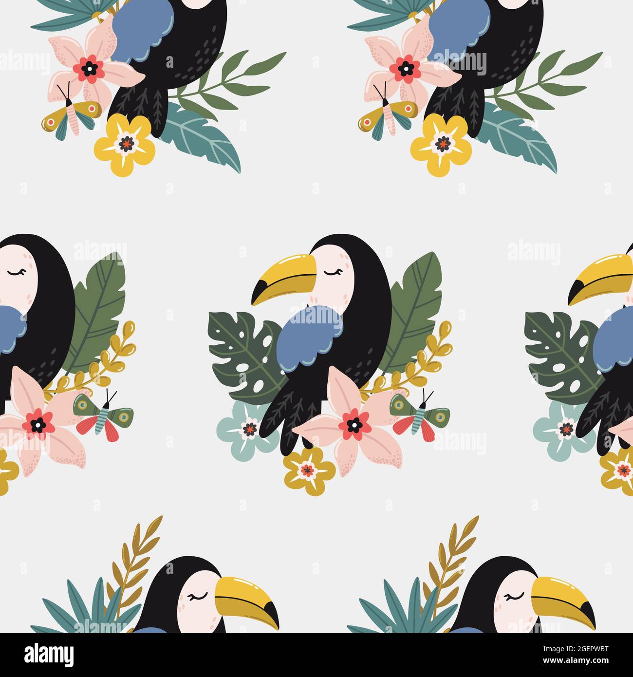 Tropical seamless pattern with cute toucan bird and exotic flowers ...