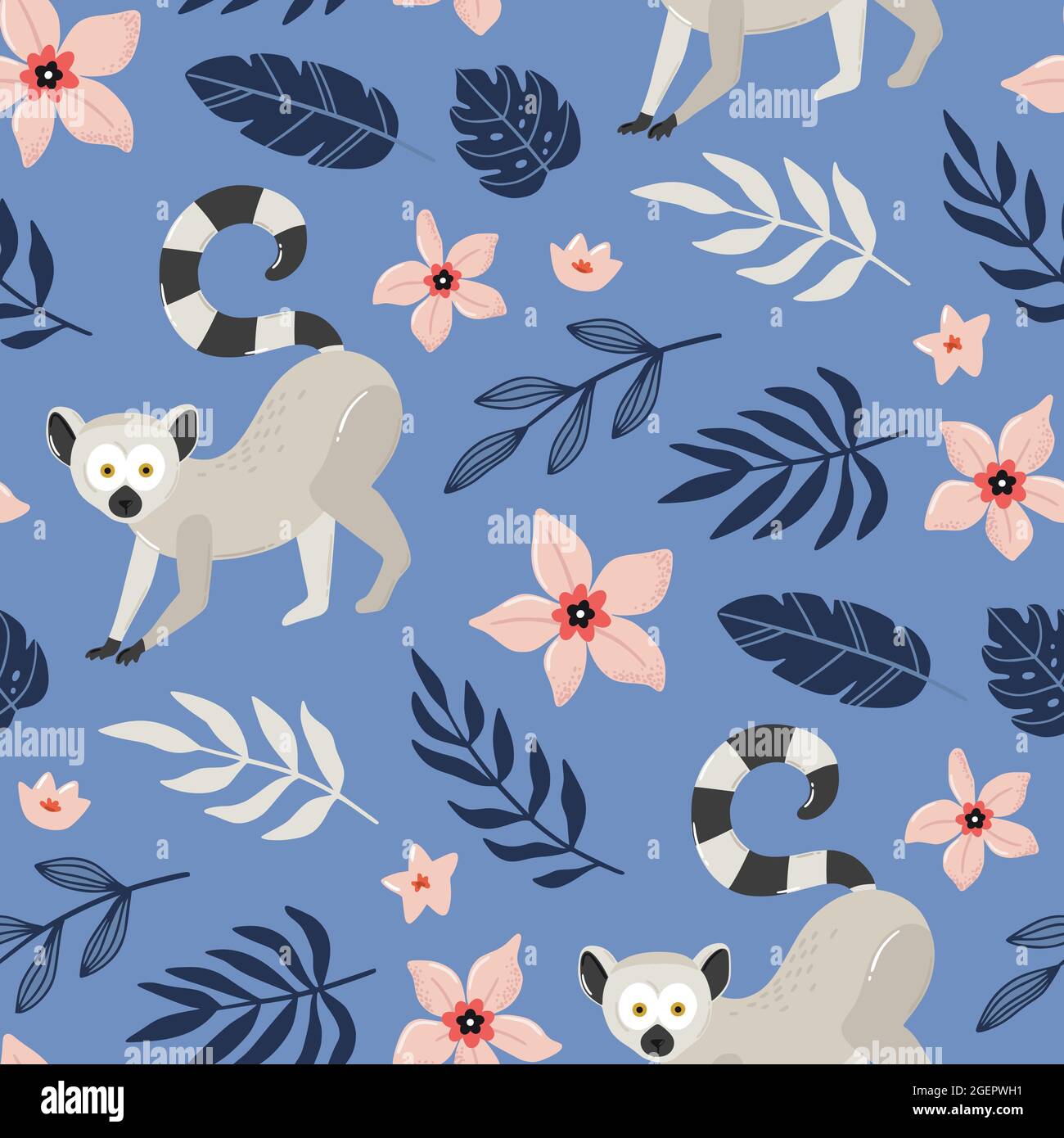 Tropical seamless pattern with lemur and exotic plants on blue background. Hand drawn vector illustration. Stock Vector