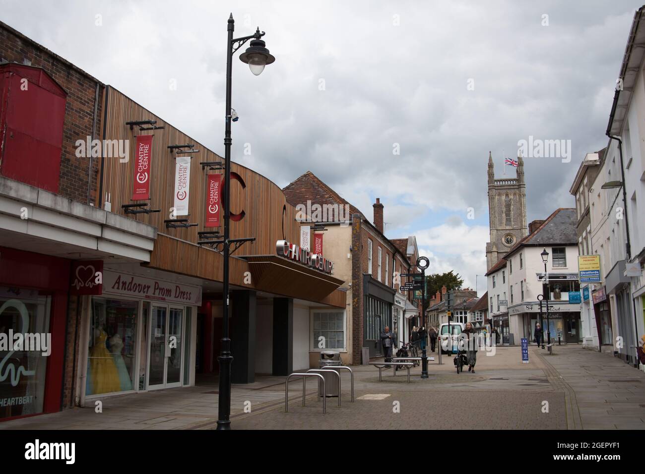 Views of The High Street in Andover with ST Mary's Church, Hampshire in the UK Stock Photo