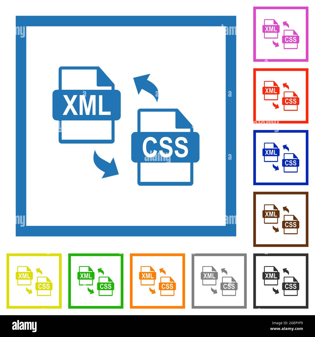 XML CSS file conversion flat color icons in square frames on white background Stock Vector