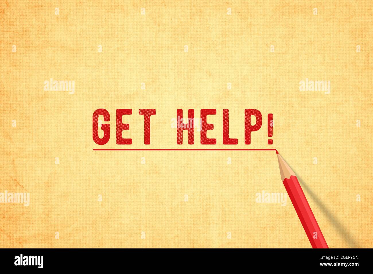 Get Help! Message Written in grungy Texture Yellow paper. Red pencil underline. Stock Photo