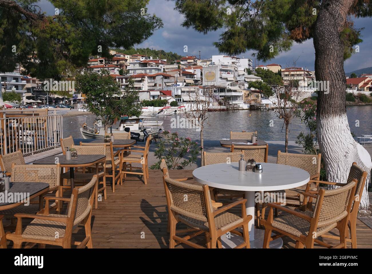 View of a beautiful outdoor bar and restaurant in front of the sea in Neos Marmaras Chalkidiki Greece Stock Photo