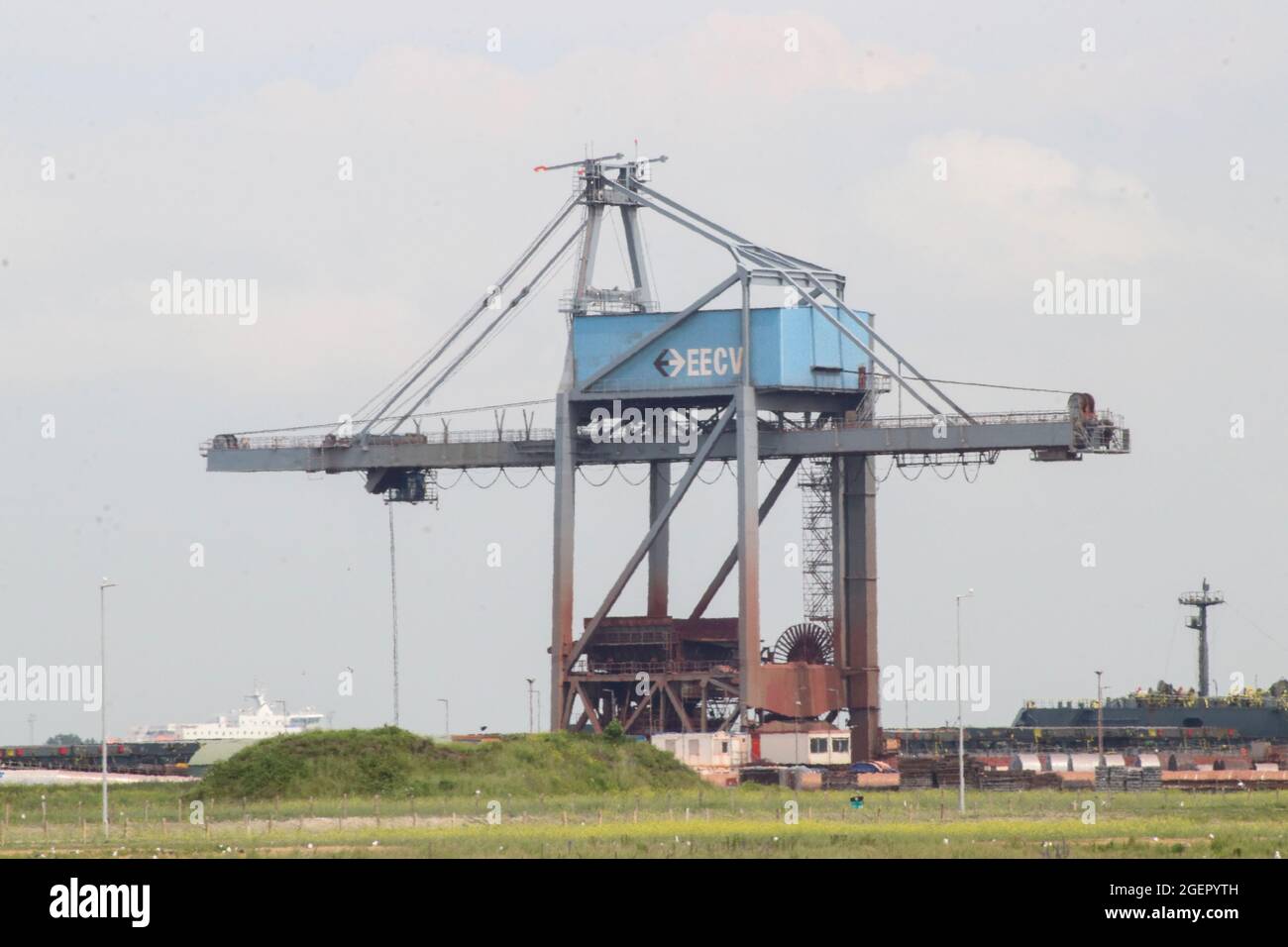 Ore transhipment company EECV with cranes in the Maasvlakte Harbor in Rotterdam Stock Photo