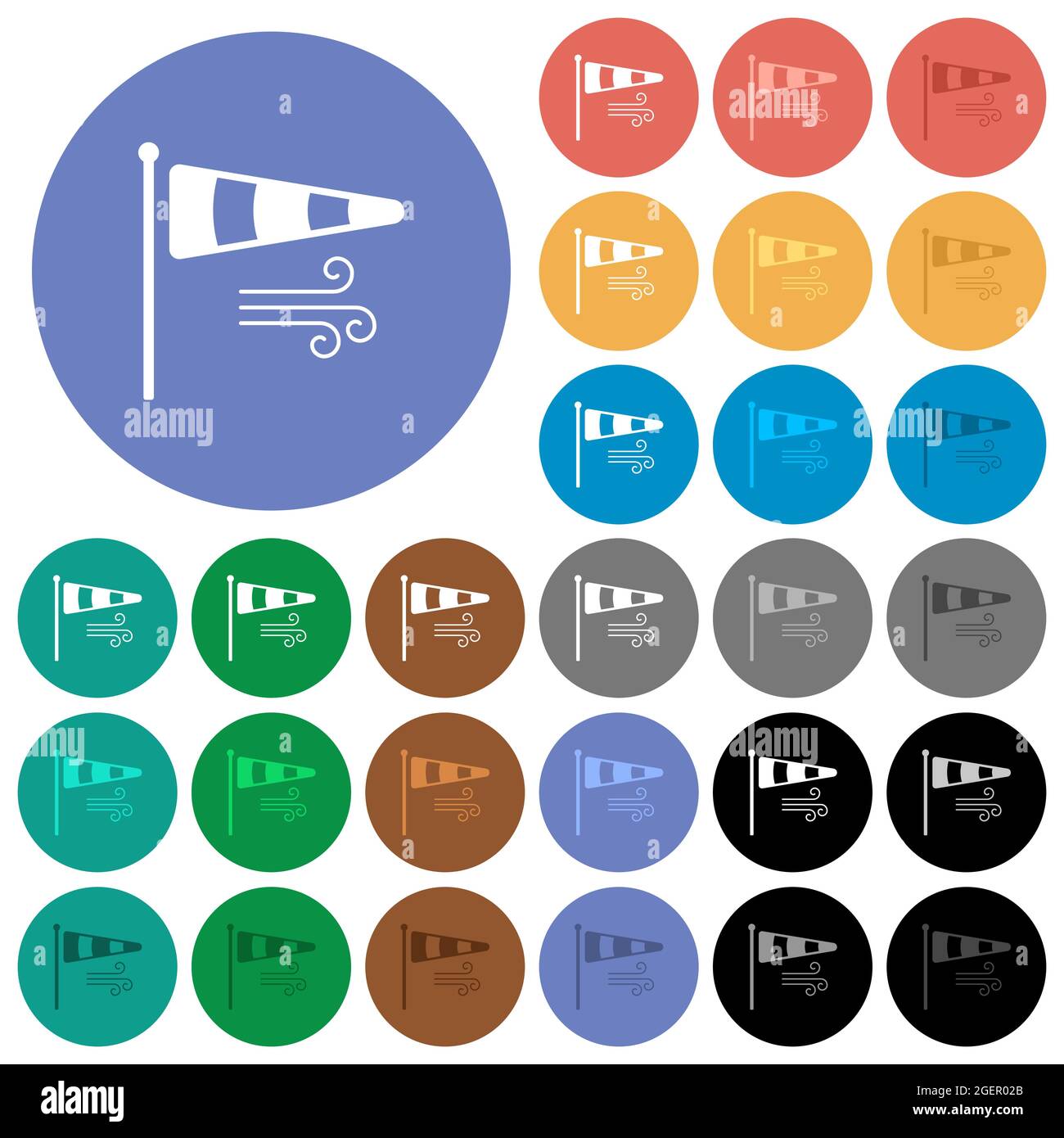 Windsock indicator with wind solid multi colored flat icons on round backgrounds. Included white, light and dark icon variations for hover and active Stock Vector