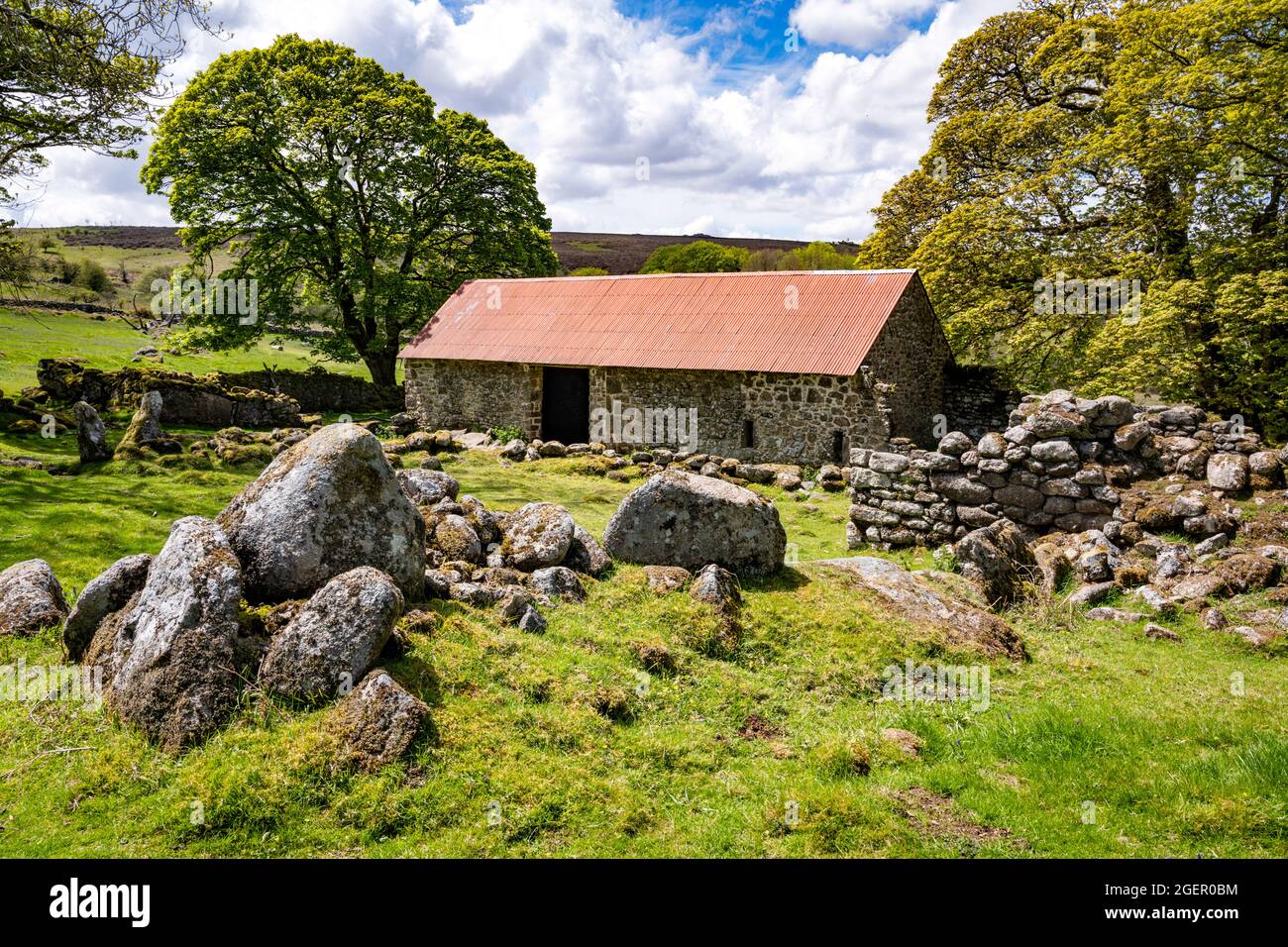 Ruins of Emsworthy Farm, last occupied during World War I, and now part of Emsworthy Mire Nature Reserve, Dartmoor National Park, Devon, UK. Stock Photo