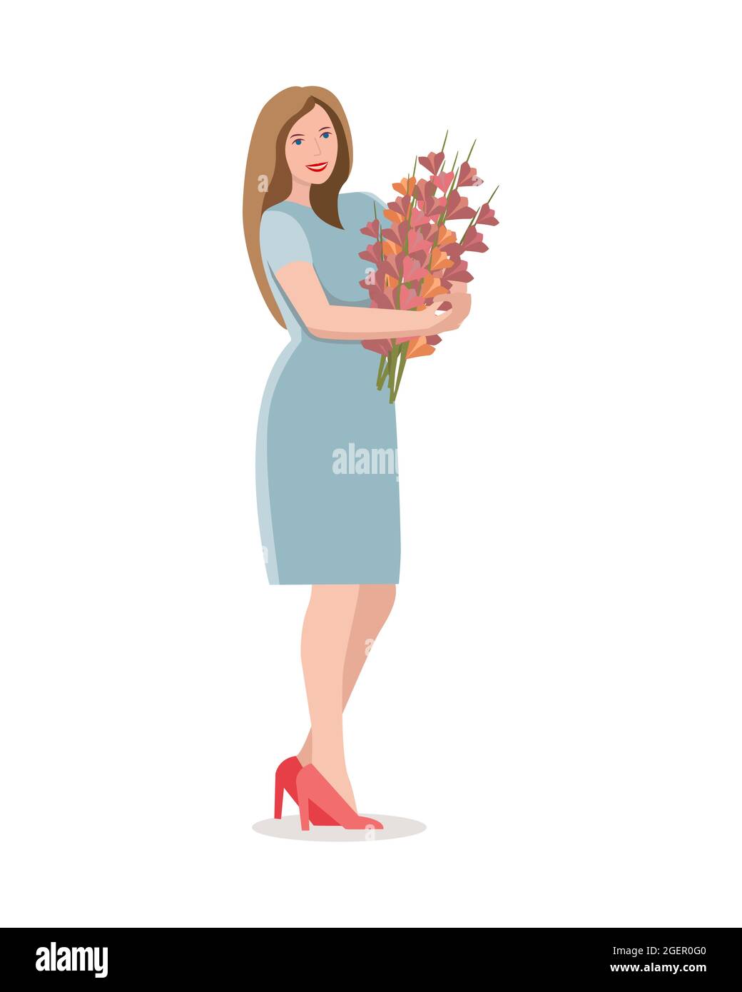 Woman girl with flowers, the teacher meets the children in the school class on September 1, isolated, white background. Vector illustration Stock Vector