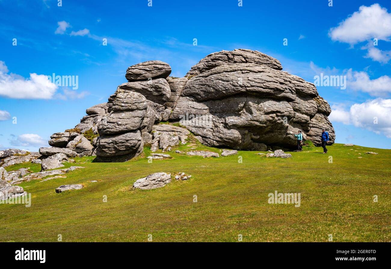 Saddle Tor is a classical avenue tor, with two main outcrops separated by an area of turf.  This is the northerly outcrop.  Dartmoor, Devon, UK. Stock Photo
