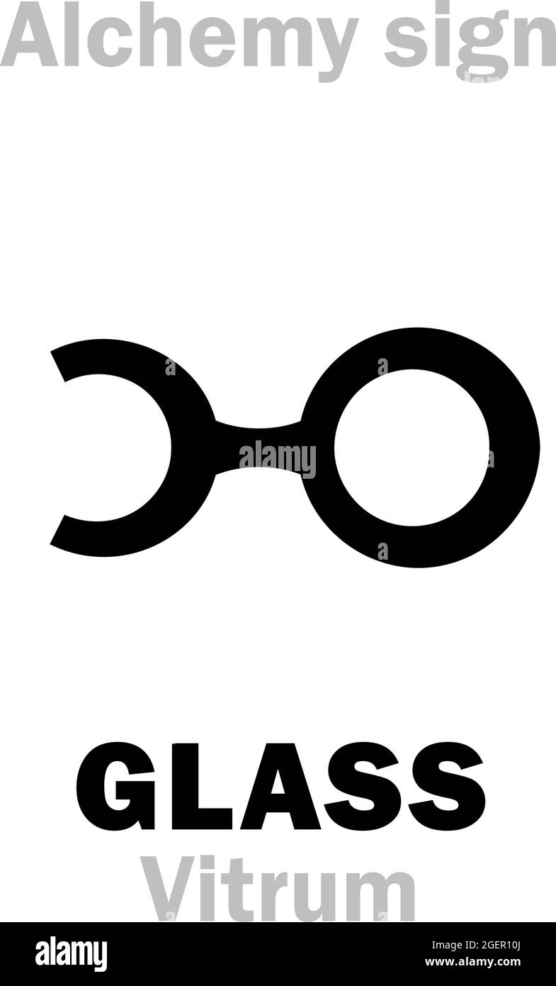 Alchemy Alphabet: GLASS (Vitrum), greek: hyalus (húalos), speculum (Latin 'mirror'). Alchemical sign, Medieval symbol. Stock Vector