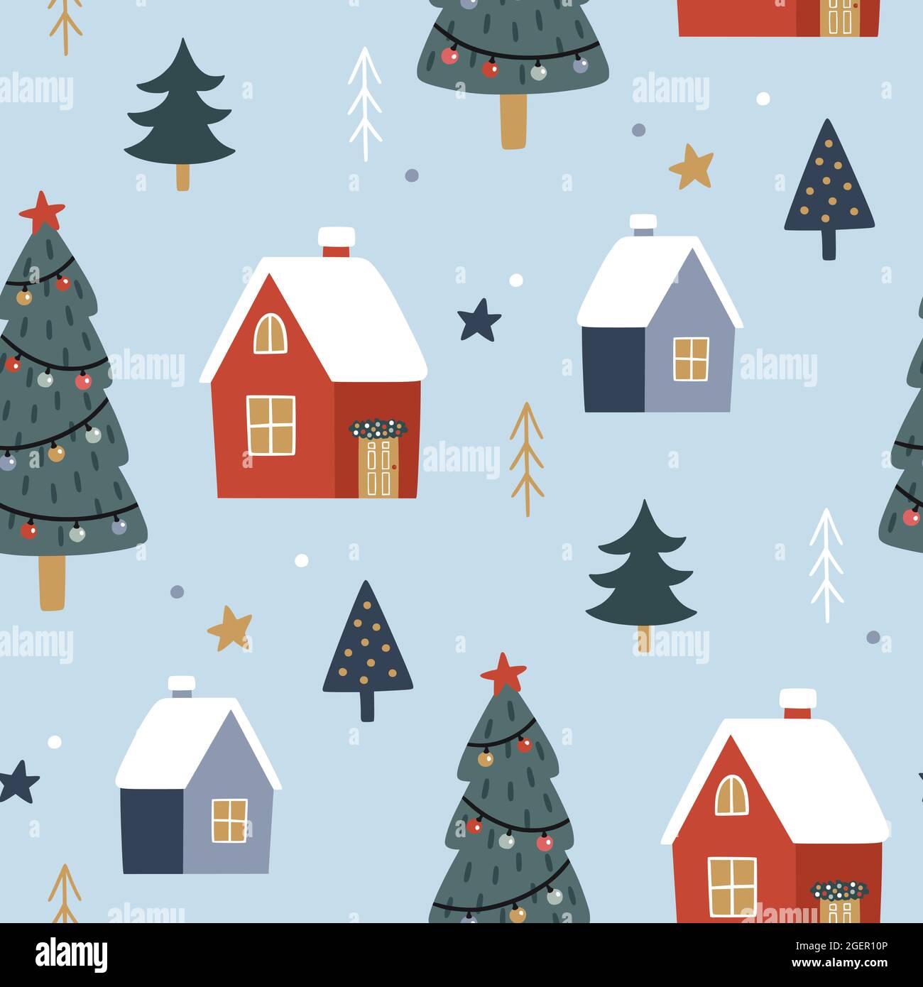 Christmas seamless pattern with christmas tree and houses. Cute festive ...