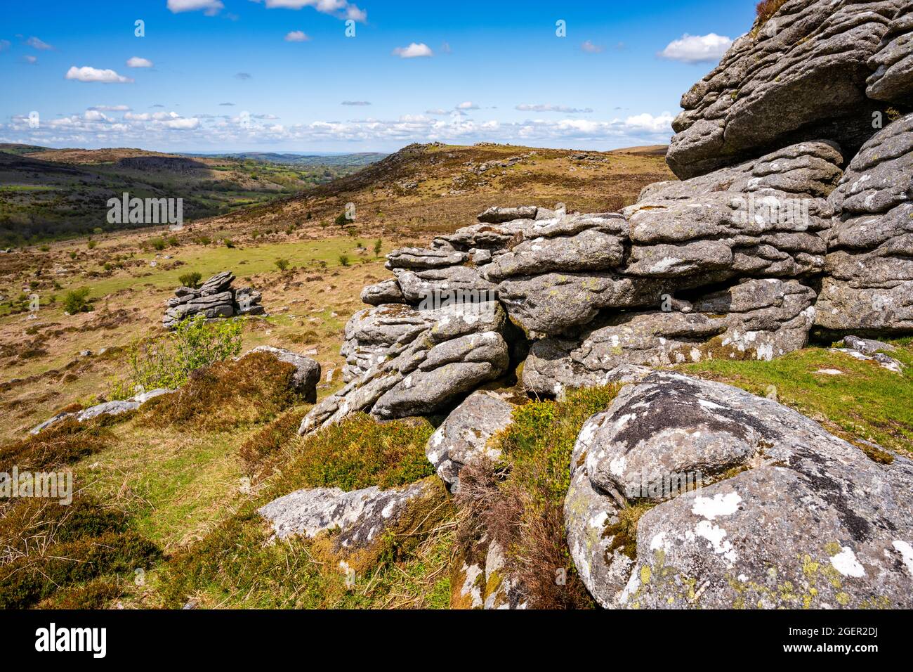View of Holwell Tor, seen from Emsworthy Rocks, Dartmoor National Park, Devon, UK. Stock Photo