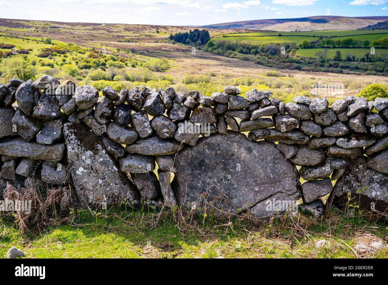 A drystone wall at the former Emsworthy Farm is built from a curious mixture of large and small granite boulders.  Dartmoor National Park, Devon, UK. Stock Photo