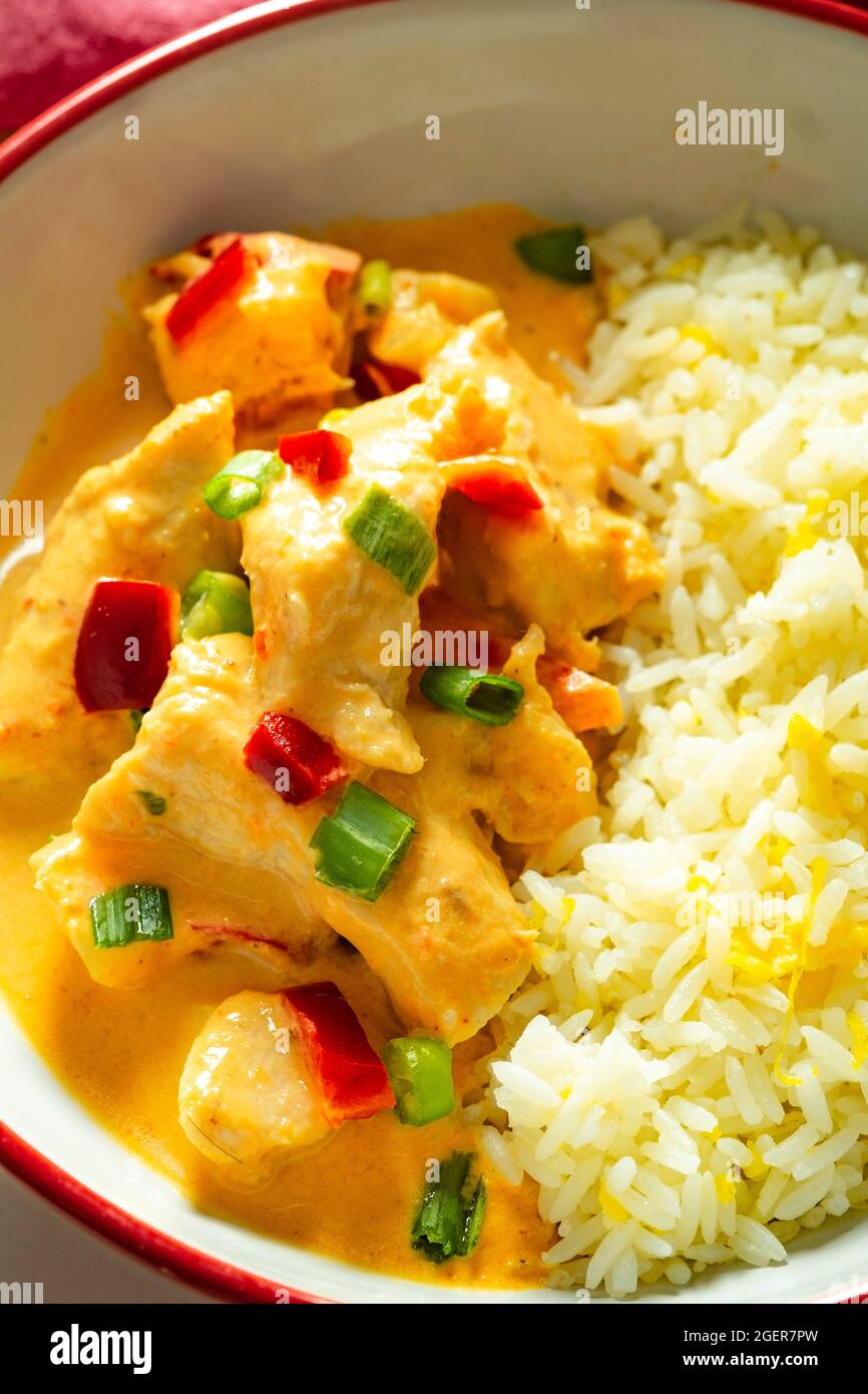 Thai Chicken Curry with Rice in a Red and White Bowl – Closeup Stock Photo