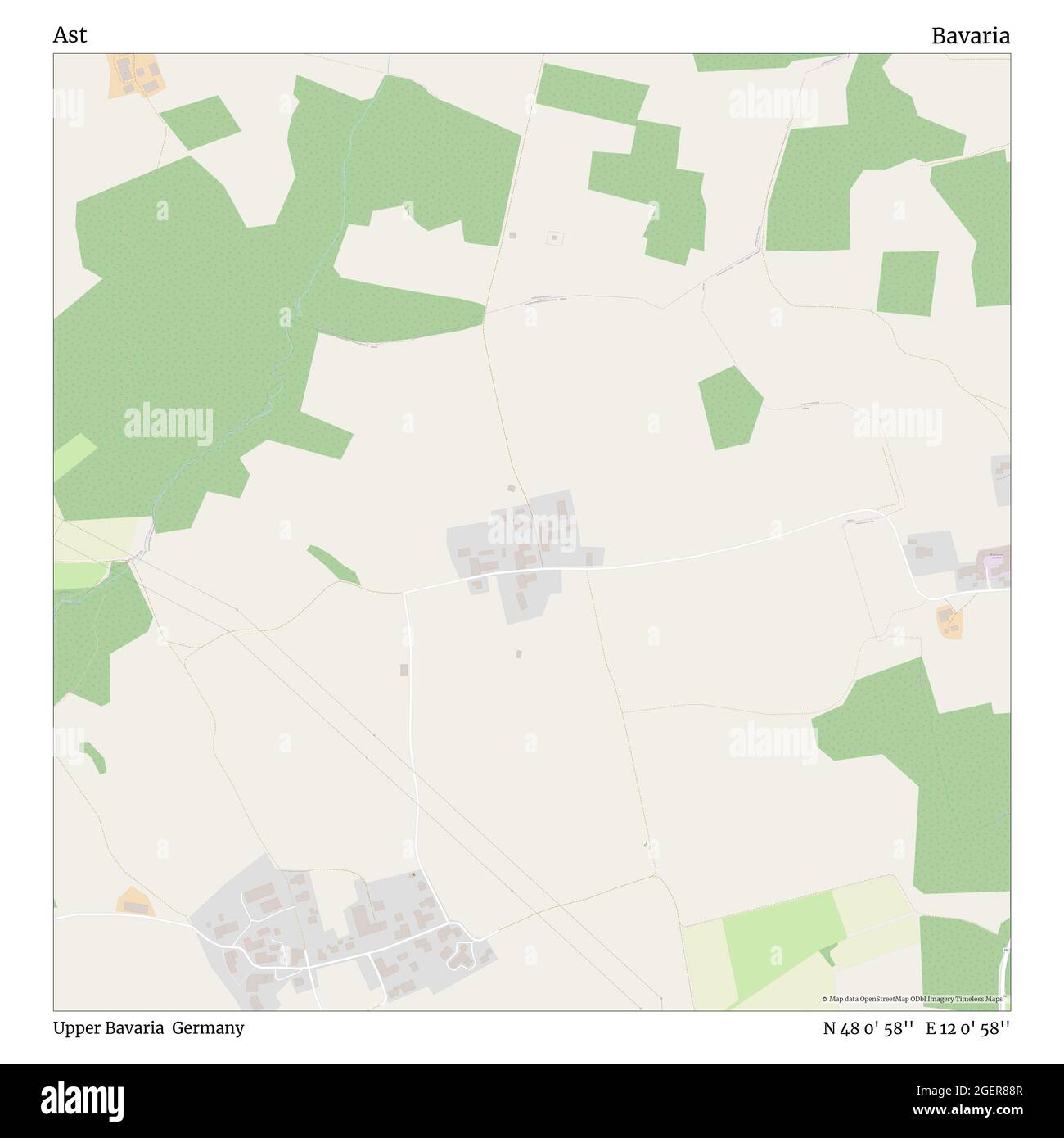 Ast, Upper Bavaria, Germany, Bavaria, N 48 0' 58'', E 12 0' 58'', map, Timeless Map published in 2021. Travelers, explorers and adventurers like Florence Nightingale, David Livingstone, Ernest Shackleton, Lewis and Clark and Sherlock Holmes relied on maps to plan travels to the world's most remote corners, Timeless Maps is mapping most locations on the globe, showing the achievement of great dreams Stock Photo