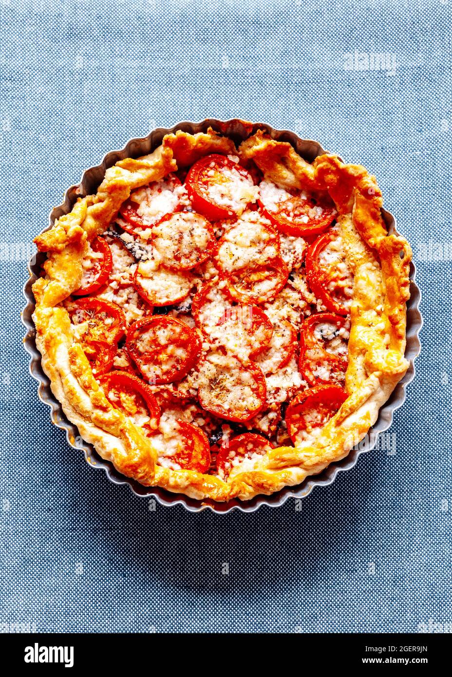 Tomato and Cheese Quiche on Plain Background Stock Photo