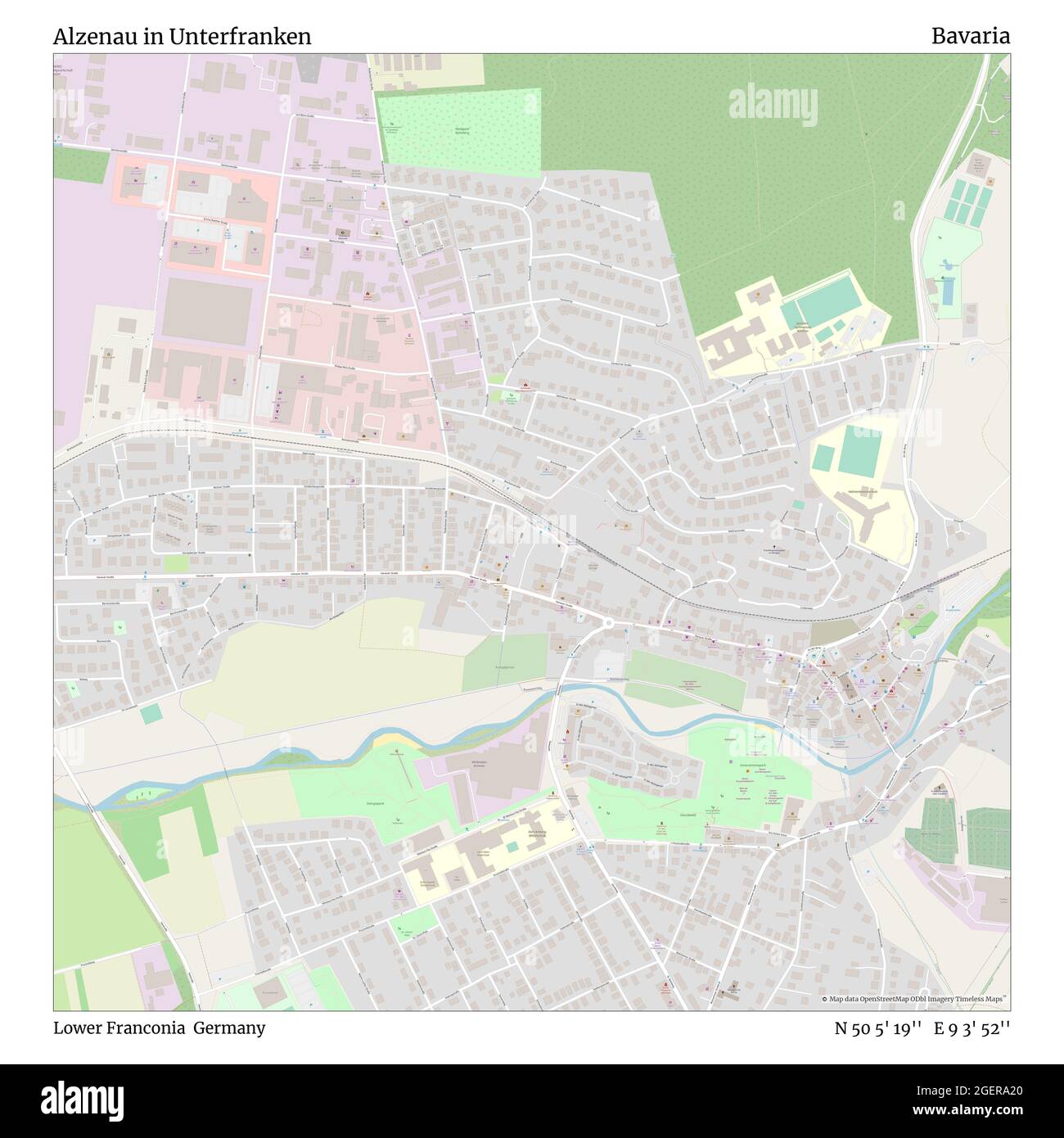 Alzenau in Unterfranken, Lower Franconia, Germany, Bavaria, N 50 5' 19'', E 9 3' 52'', map, Timeless Map published in 2021. Travelers, explorers and adventurers like Florence Nightingale, David Livingstone, Ernest Shackleton, Lewis and Clark and Sherlock Holmes relied on maps to plan travels to the world's most remote corners, Timeless Maps is mapping most locations on the globe, showing the achievement of great dreams Stock Photo