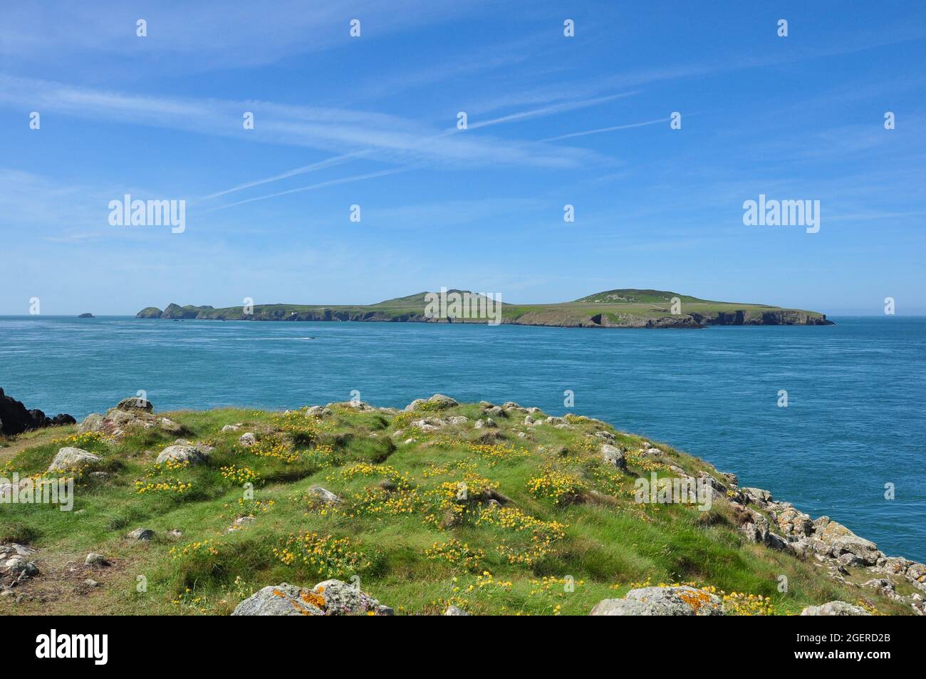 Ramsey Island from the mainland coast near Whitesands Bay, Pembrokeshire, Wales, UK Stock Photo