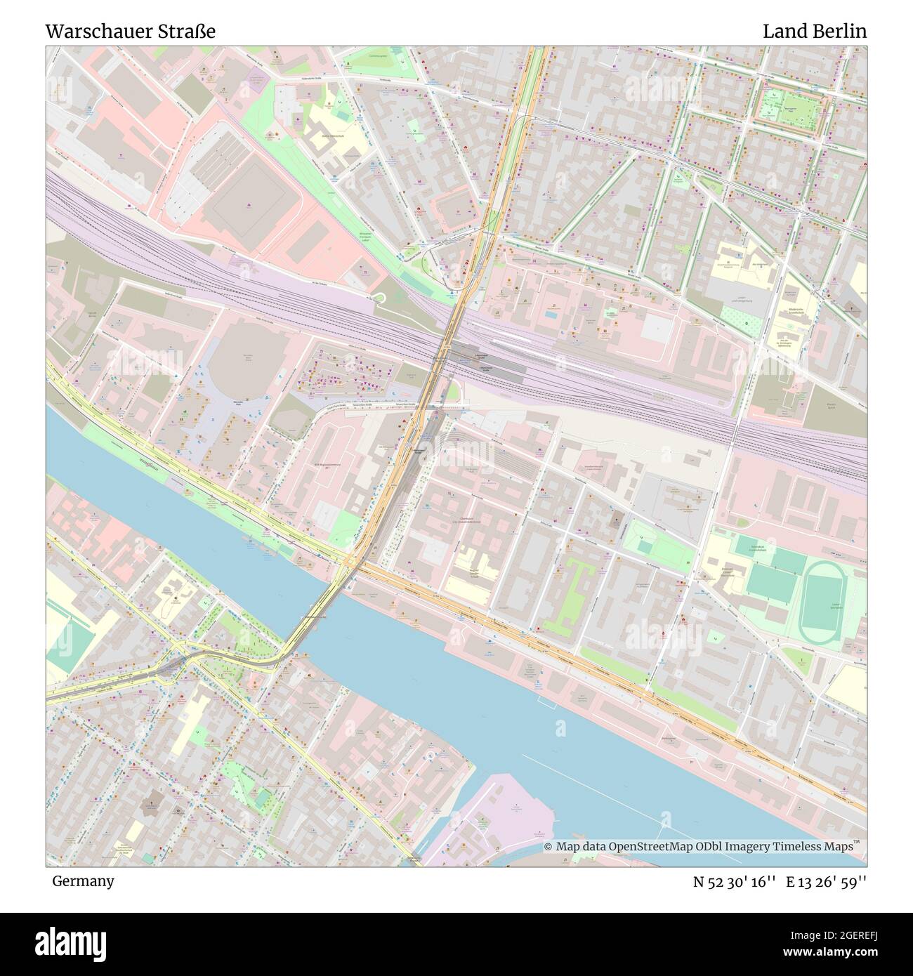 Warschauer Straße, Germany, Land Berlin, N 52 30' 16'', E 13 26' 59'', map, Timeless Map published in 2021. Travelers, explorers and adventurers like Florence Nightingale, David Livingstone, Ernest Shackleton, Lewis and Clark and Sherlock Holmes relied on maps to plan travels to the world's most remote corners, Timeless Maps is mapping most locations on the globe, showing the achievement of great dreams Stock Photo