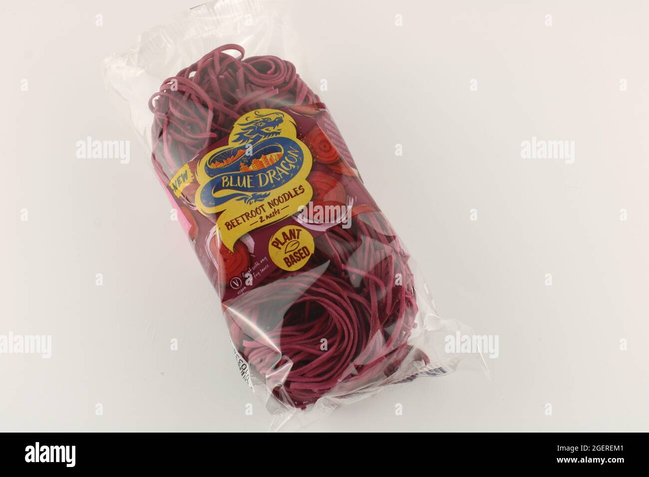 Packet of blue dragon beetroot noodles isolated on a white background with copy space Stock Photo