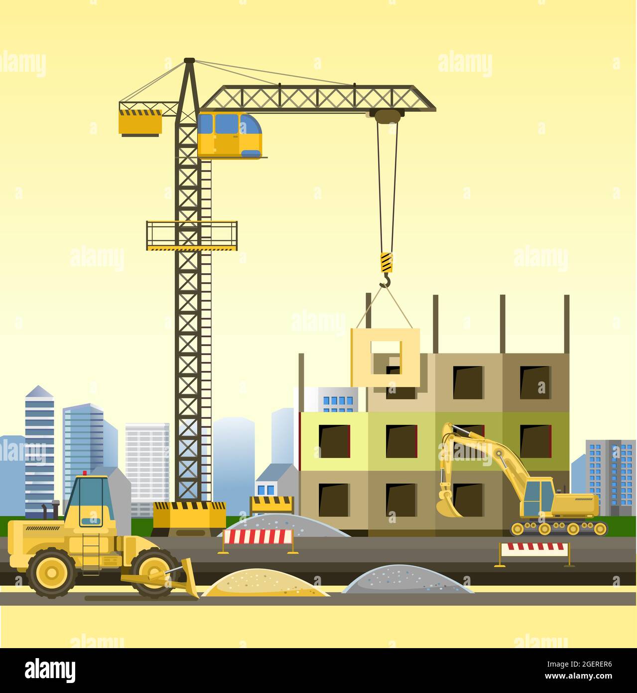 Construction of large city buildings. Residential houses and industrial objects. Yellow. Lifting crane. Modern technologies and equipment. Illustratio Stock Vector