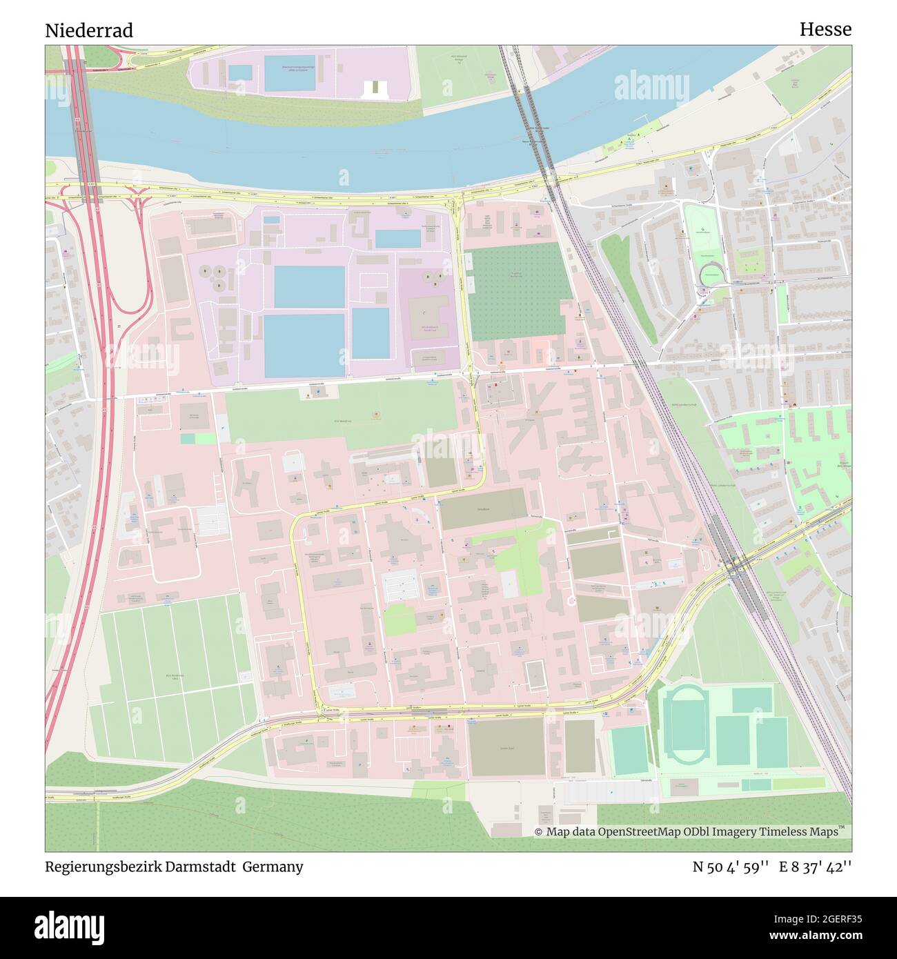 Niederrad, Regierungsbezirk Darmstadt, Germany, Hesse, N 50 4' 59'', E 8 37' 42'', map, Timeless Map published in 2021. Travelers, explorers and adventurers like Florence Nightingale, David Livingstone, Ernest Shackleton, Lewis and Clark and Sherlock Holmes relied on maps to plan travels to the world's most remote corners, Timeless Maps is mapping most locations on the globe, showing the achievement of great dreams Stock Photo
