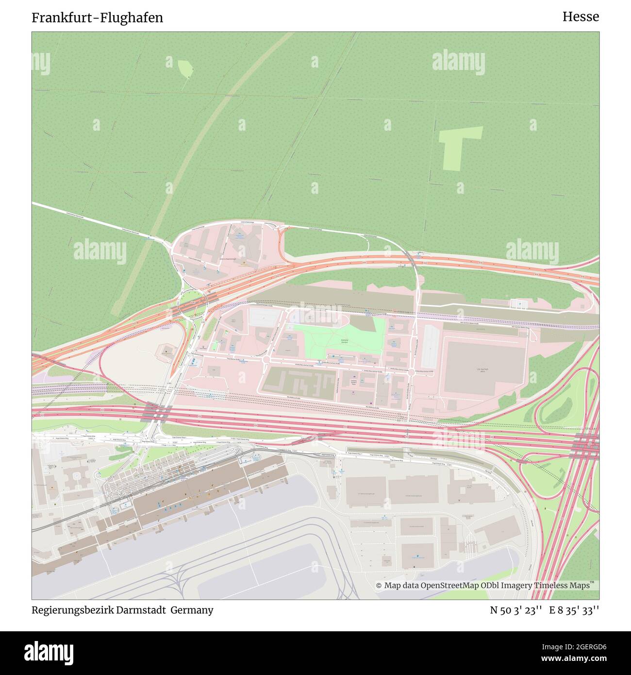 Frankfurt-Flughafen, Regierungsbezirk Darmstadt, Germany, Hesse, N 50 3' 23'', E 8 35' 33'', map, Timeless Map published in 2021. Travelers, explorers and adventurers like Florence Nightingale, David Livingstone, Ernest Shackleton, Lewis and Clark and Sherlock Holmes relied on maps to plan travels to the world's most remote corners, Timeless Maps is mapping most locations on the globe, showing the achievement of great dreams Stock Photo