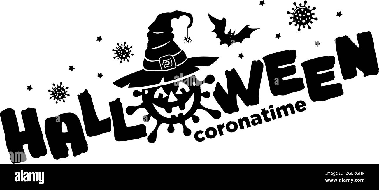 Halloween poster with horror elements: pumkin, coronavirus, bat, witch hat. Illustration, vector on transparent background Stock Vector