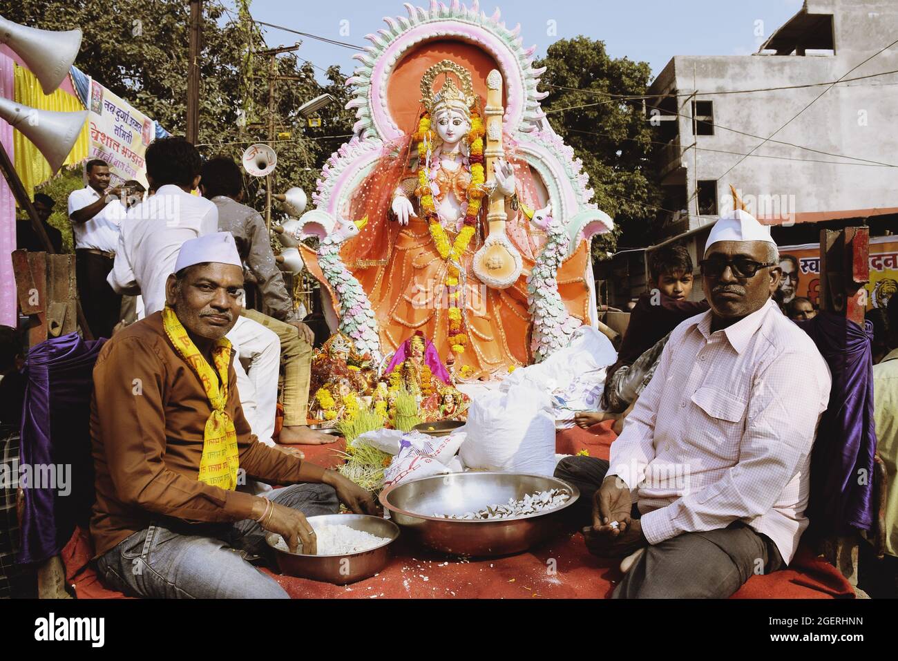 09-10-2019, Dewas, Madhya Pradesh, India. Background Durga Puja Festival and Tableau. Sculpture of Hindu Goddess Durga. Stock Photo